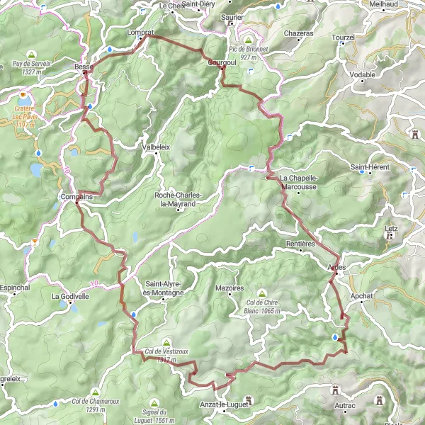 Map miniature of "Puy de Montredon and Cirque d'Artoux Gravel Adventure" cycling inspiration in Auvergne, France. Generated by Tarmacs.app cycling route planner