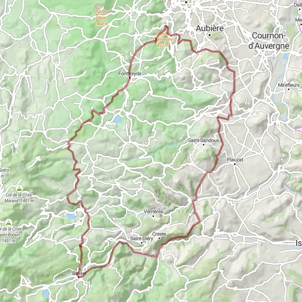 Map miniature of "Murol-Saulzet Gravel Challenge" cycling inspiration in Auvergne, France. Generated by Tarmacs.app cycling route planner