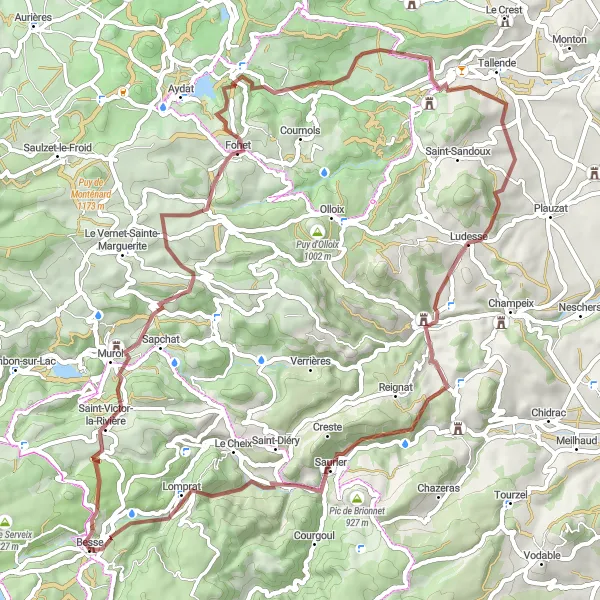 Map miniature of "Bes-Lalance Gravel Adventure" cycling inspiration in Auvergne, France. Generated by Tarmacs.app cycling route planner