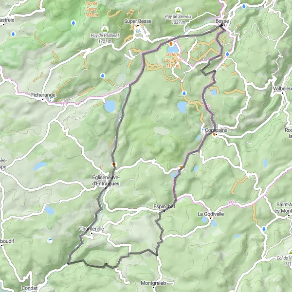 Map miniature of "Besse Mystery Ride" cycling inspiration in Auvergne, France. Generated by Tarmacs.app cycling route planner