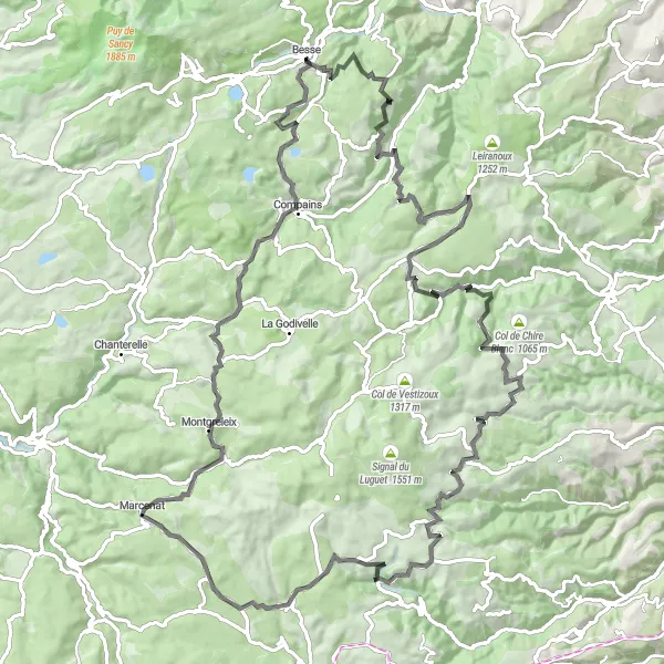 Map miniature of "Valbeleix and Col de Fortunier Road Cycling Adventure" cycling inspiration in Auvergne, France. Generated by Tarmacs.app cycling route planner
