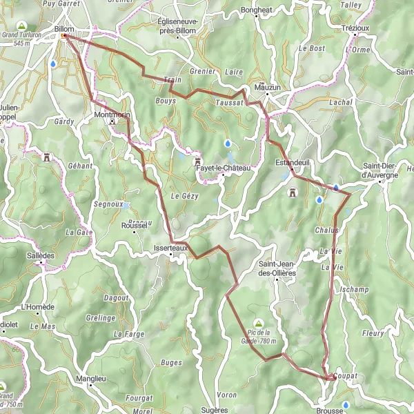 Map miniature of "Exploring Billom on Gravel" cycling inspiration in Auvergne, France. Generated by Tarmacs.app cycling route planner