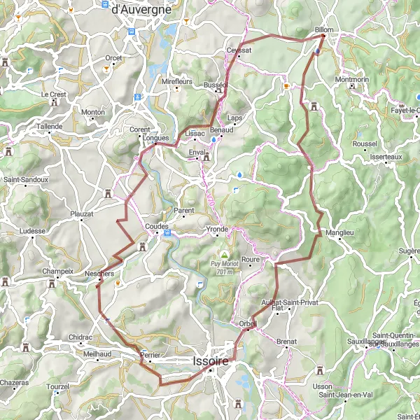 Map miniature of "Scenic Gravel Ride from Billom" cycling inspiration in Auvergne, France. Generated by Tarmacs.app cycling route planner