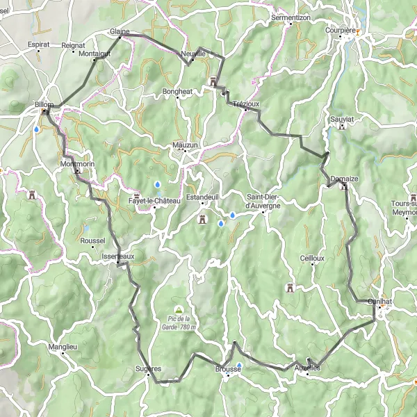 Map miniature of "Scenic Road Cycling Route near Billom" cycling inspiration in Auvergne, France. Generated by Tarmacs.app cycling route planner