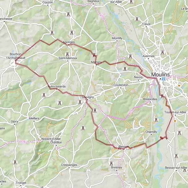 Miniature de la carte de l'inspiration cycliste "Le Tour de Campagne Bourbonnais" dans la Auvergne, France. Générée par le planificateur d'itinéraire cycliste Tarmacs.app