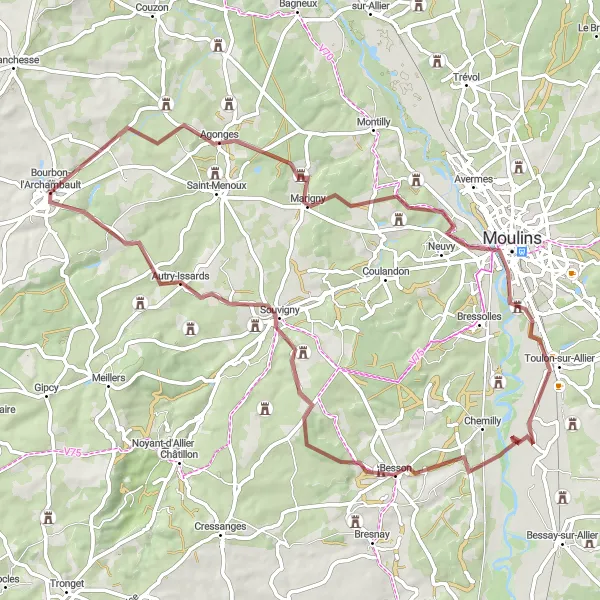 Map miniature of "Bourbon-l'Archambault Gravel Adventure" cycling inspiration in Auvergne, France. Generated by Tarmacs.app cycling route planner