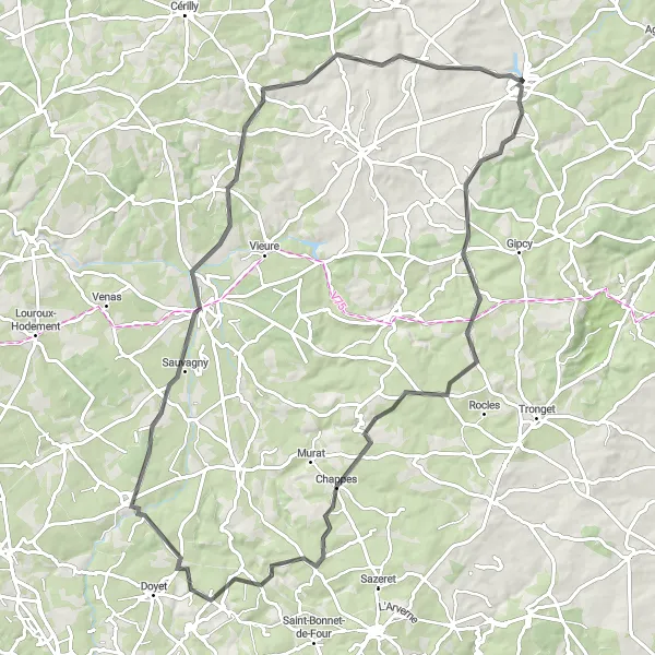Map miniature of "Breathtaking Landscapes: Cycling Adventure near Bourbon-l'Archambault" cycling inspiration in Auvergne, France. Generated by Tarmacs.app cycling route planner