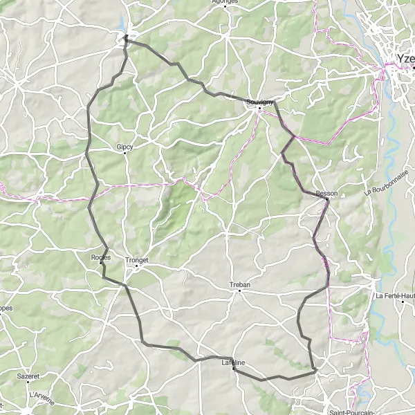 Miniature de la carte de l'inspiration cycliste "Excursion vers Souvigny et Bresnay" dans la Auvergne, France. Générée par le planificateur d'itinéraire cycliste Tarmacs.app