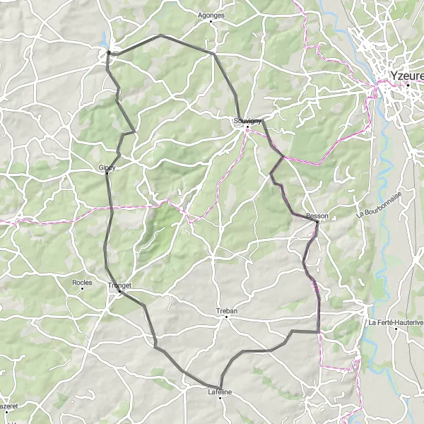 Miniature de la carte de l'inspiration cycliste "Parcours Pittoresque vers Bourbon-l'Archambault" dans la Auvergne, France. Générée par le planificateur d'itinéraire cycliste Tarmacs.app