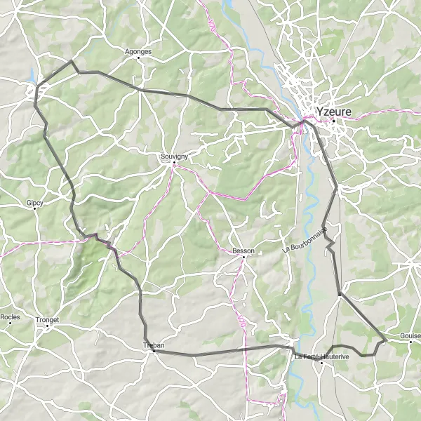 Map miniature of "Challenging Road Expedition from Bourbon-l'Archambault" cycling inspiration in Auvergne, France. Generated by Tarmacs.app cycling route planner
