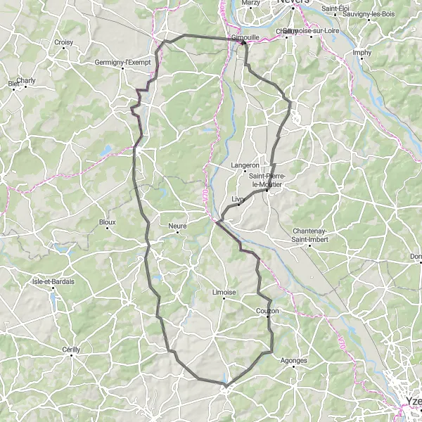 Map miniature of "Ultimate Road Cycling Tour near Bourbon-l'Archambault" cycling inspiration in Auvergne, France. Generated by Tarmacs.app cycling route planner