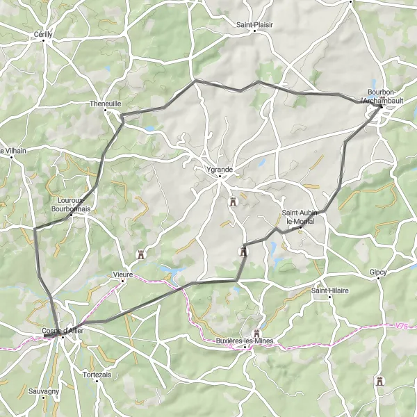 Miniature de la carte de l'inspiration cycliste "Boucle de Bourbon-l'Archambault à Saint-Aubin-le-Monial" dans la Auvergne, France. Générée par le planificateur d'itinéraire cycliste Tarmacs.app