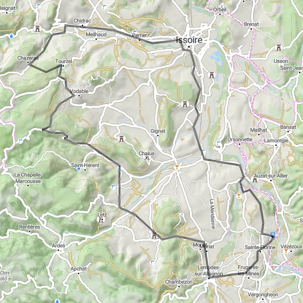 Map miniature of "The Hills of Brassac-les-Mines" cycling inspiration in Auvergne, France. Generated by Tarmacs.app cycling route planner