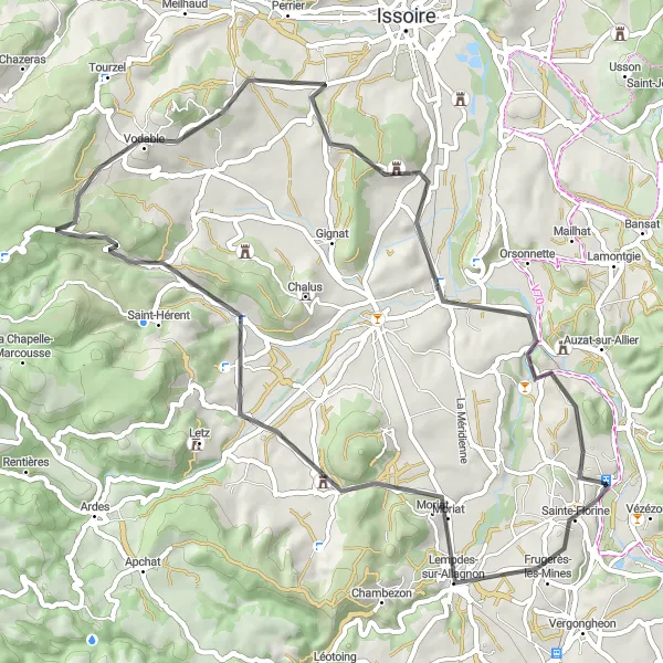 Miniature de la carte de l'inspiration cycliste "Le Tour du Puy d'Ysson" dans la Auvergne, France. Générée par le planificateur d'itinéraire cycliste Tarmacs.app