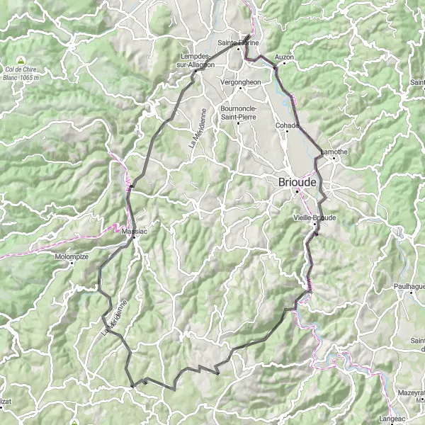 Map miniature of "Road cycling adventure through Auvergne" cycling inspiration in Auvergne, France. Generated by Tarmacs.app cycling route planner