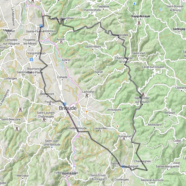 Map miniature of "Castles and Valleys" cycling inspiration in Auvergne, France. Generated by Tarmacs.app cycling route planner