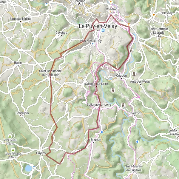Map miniature of "Cussac-sur-Loire Gravel Experience" cycling inspiration in Auvergne, France. Generated by Tarmacs.app cycling route planner