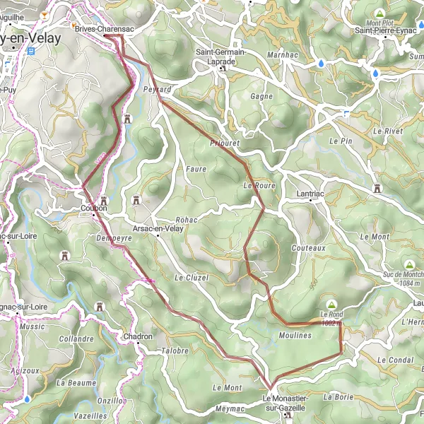 Map miniature of "Peyrard Gravel Adventure" cycling inspiration in Auvergne, France. Generated by Tarmacs.app cycling route planner