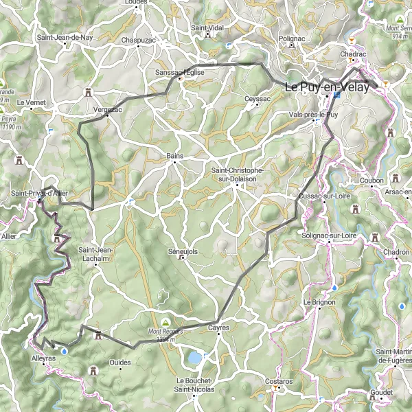Miniature de la carte de l'inspiration cycliste "Parcours vallonné autour de Brives-Charensac" dans la Auvergne, France. Générée par le planificateur d'itinéraire cycliste Tarmacs.app