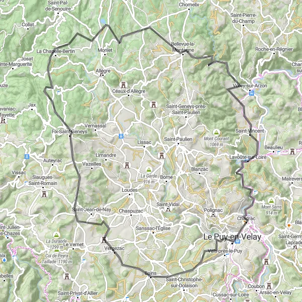 Miniature de la carte de l'inspiration cycliste "Boucle de Brives-Charensac à travers les montagnes" dans la Auvergne, France. Générée par le planificateur d'itinéraire cycliste Tarmacs.app