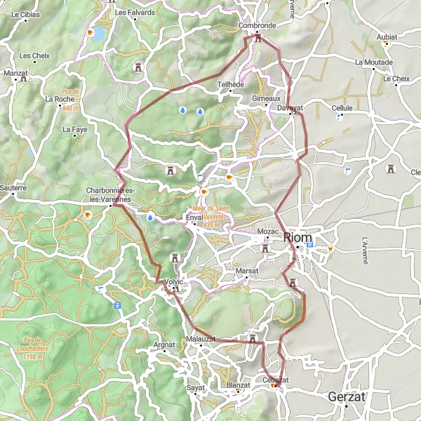 Miniature de la carte de l'inspiration cycliste "Le Tour des Volcans" dans la Auvergne, France. Générée par le planificateur d'itinéraire cycliste Tarmacs.app