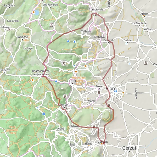 Map miniature of "Gravel Adventure to Riom" cycling inspiration in Auvergne, France. Generated by Tarmacs.app cycling route planner