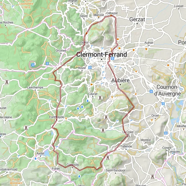 Map miniature of "Aubière to Cournols Gravel Ride" cycling inspiration in Auvergne, France. Generated by Tarmacs.app cycling route planner