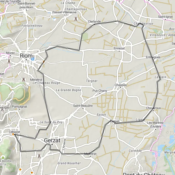 Map miniature of "Ménétrol and Château des Vergnes Ride" cycling inspiration in Auvergne, France. Generated by Tarmacs.app cycling route planner