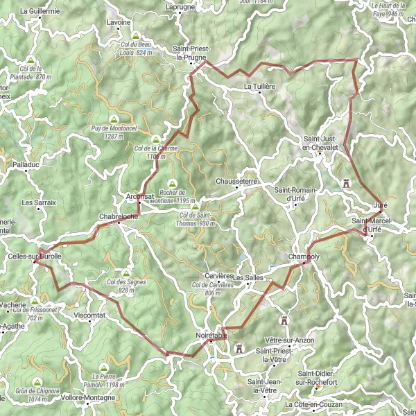 Miniature de la carte de l'inspiration cycliste "Les collines escarpées de la région" dans la Auvergne, France. Générée par le planificateur d'itinéraire cycliste Tarmacs.app