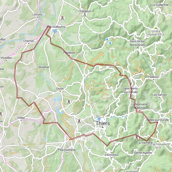 Miniature de la carte de l'inspiration cycliste "Les châteaux et les vallées secrètes de la région" dans la Auvergne, France. Générée par le planificateur d'itinéraire cycliste Tarmacs.app