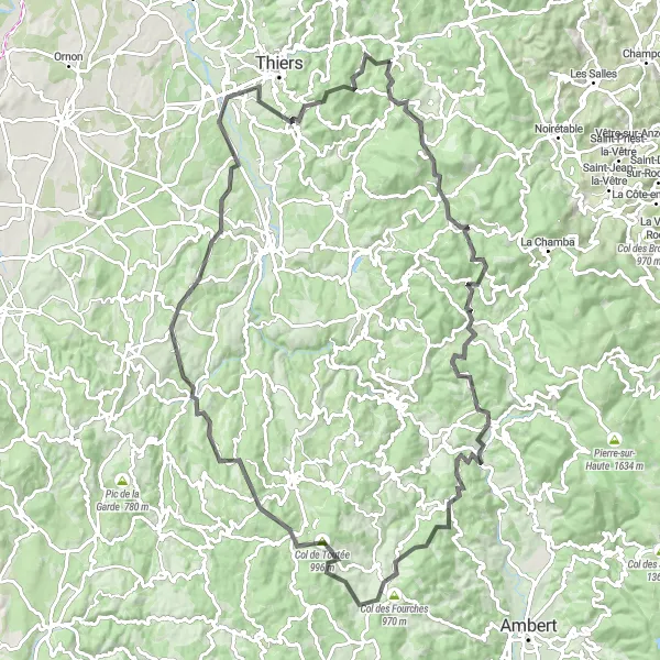 Miniature de la carte de l'inspiration cycliste "Montagnes et Vallées en Auvergne" dans la Auvergne, France. Générée par le planificateur d'itinéraire cycliste Tarmacs.app