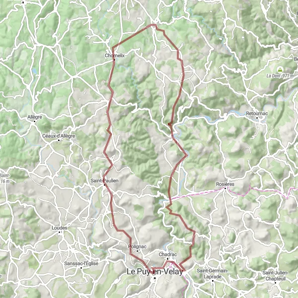 Map miniature of "Gravel Route to Mont Denise" cycling inspiration in Auvergne, France. Generated by Tarmacs.app cycling route planner