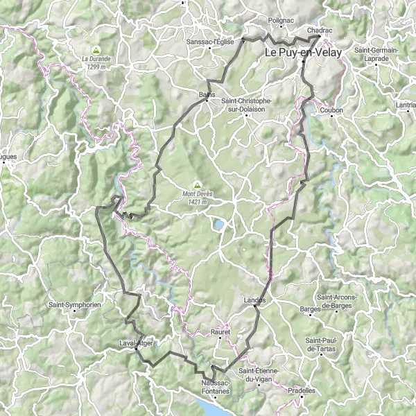 Map miniature of "Road Route to Sites of Interest" cycling inspiration in Auvergne, France. Generated by Tarmacs.app cycling route planner