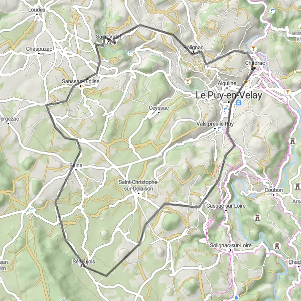 Miniature de la carte de l'inspiration cycliste "Les Collines du Velay" dans la Auvergne, France. Générée par le planificateur d'itinéraire cycliste Tarmacs.app