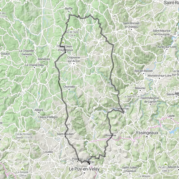 Miniature de la carte de l'inspiration cycliste "Découverte des Monts de la Haute-Loire" dans la Auvergne, France. Générée par le planificateur d'itinéraire cycliste Tarmacs.app