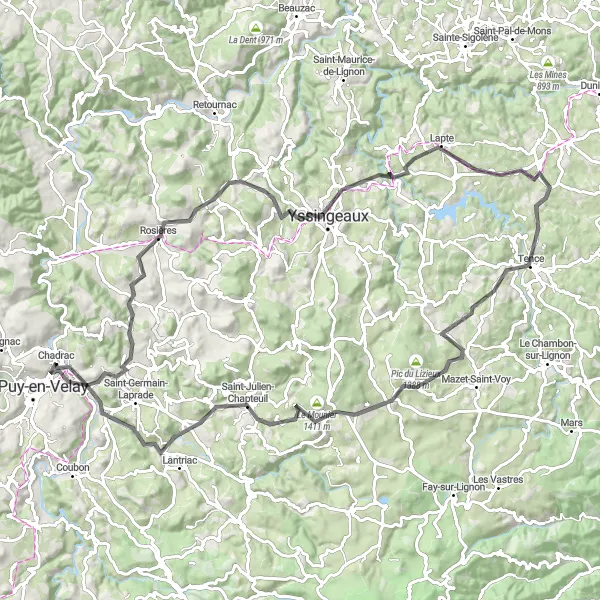 Miniature de la carte de l'inspiration cycliste "Tour des Rocailles Auvergnates" dans la Auvergne, France. Générée par le planificateur d'itinéraire cycliste Tarmacs.app