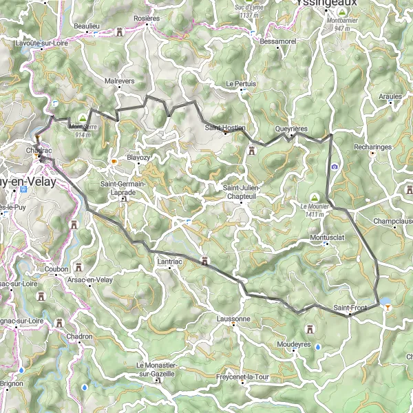 Miniature de la carte de l'inspiration cycliste "Circuit du Mont Serre" dans la Auvergne, France. Générée par le planificateur d'itinéraire cycliste Tarmacs.app