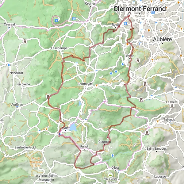 Map miniature of "Gravel Adventure to Puy de Montaudoux" cycling inspiration in Auvergne, France. Generated by Tarmacs.app cycling route planner