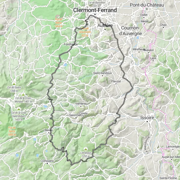 Miniature de la carte de l'inspiration cycliste "Challenge des grands cols au départ de Chamalières" dans la Auvergne, France. Générée par le planificateur d'itinéraire cycliste Tarmacs.app