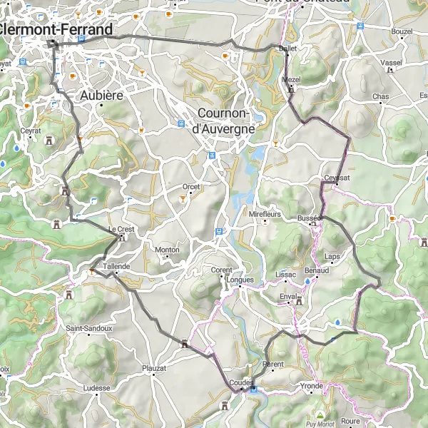 Map miniature of "Challenging Road Loop to Puy de la Poix" cycling inspiration in Auvergne, France. Generated by Tarmacs.app cycling route planner