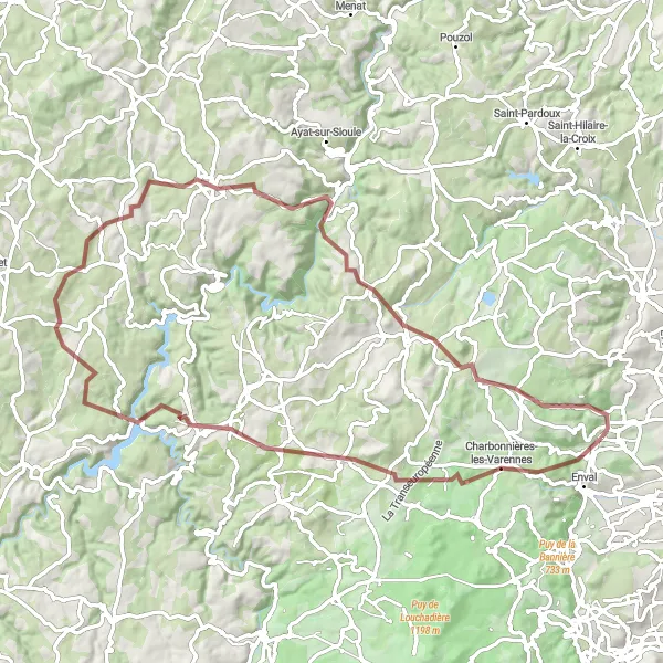 Map miniature of "Charbonnières-les-Varennes Gravel Adventure" cycling inspiration in Auvergne, France. Generated by Tarmacs.app cycling route planner