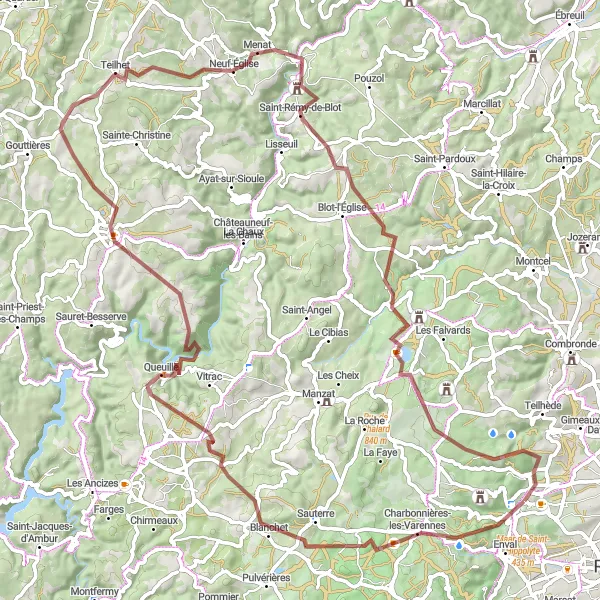 Map miniature of "The Queuille Loop" cycling inspiration in Auvergne, France. Generated by Tarmacs.app cycling route planner