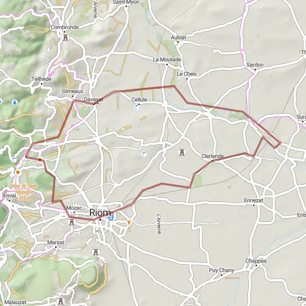 Map miniature of "Martres-sur-Morge Exploration" cycling inspiration in Auvergne, France. Generated by Tarmacs.app cycling route planner