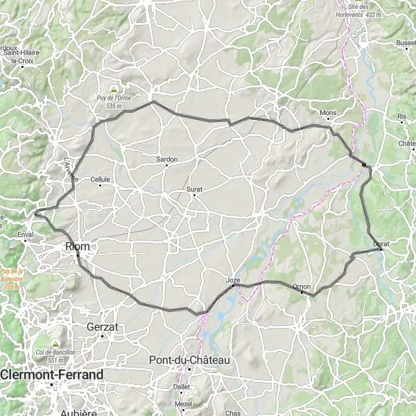 Map miniature of "Hidden Gems of Auvergne" cycling inspiration in Auvergne, France. Generated by Tarmacs.app cycling route planner