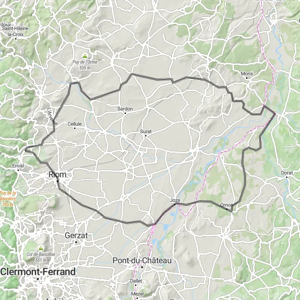 Map miniature of "Cycling through Auvergne" cycling inspiration in Auvergne, France. Generated by Tarmacs.app cycling route planner