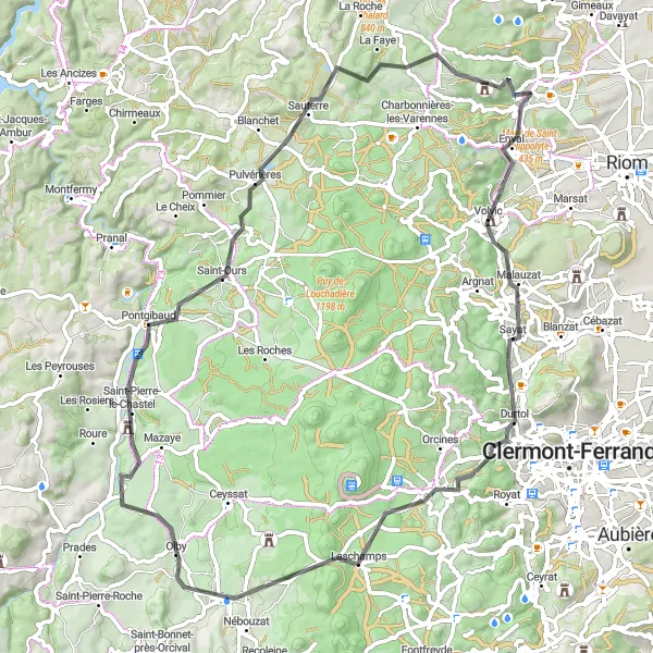 Map miniature of "Giant Puy-de-Dôme" cycling inspiration in Auvergne, France. Generated by Tarmacs.app cycling route planner