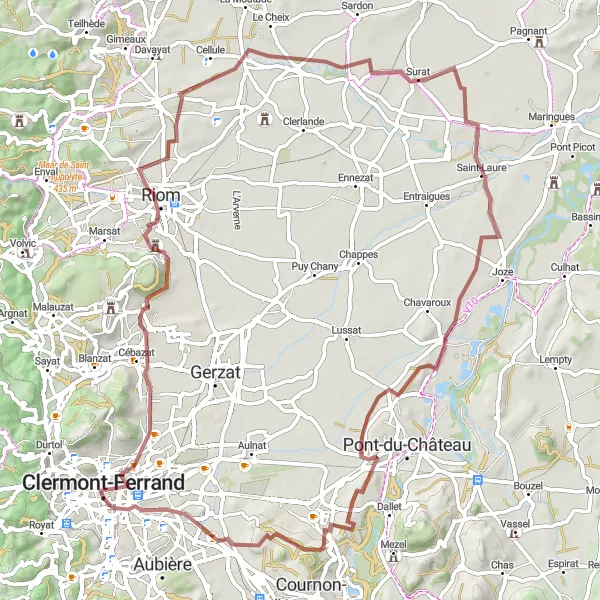 Miniature de la carte de l'inspiration cycliste "Aventure Gravel à travers les Châteaux et Volcans d'Auvergne" dans la Auvergne, France. Générée par le planificateur d'itinéraire cycliste Tarmacs.app