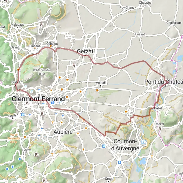 Miniature de la carte de l'inspiration cycliste "Les Monts d'Auvergne Gravel Adventure" dans la Auvergne, France. Générée par le planificateur d'itinéraire cycliste Tarmacs.app