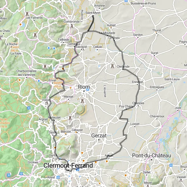 Miniature de la carte de l'inspiration cycliste "Boucle des Villes et Villages" dans la Auvergne, France. Générée par le planificateur d'itinéraire cycliste Tarmacs.app