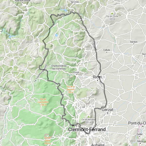 Miniature de la carte de l'inspiration cycliste "Les collines de l'Auvergne en vélo" dans la Auvergne, France. Générée par le planificateur d'itinéraire cycliste Tarmacs.app